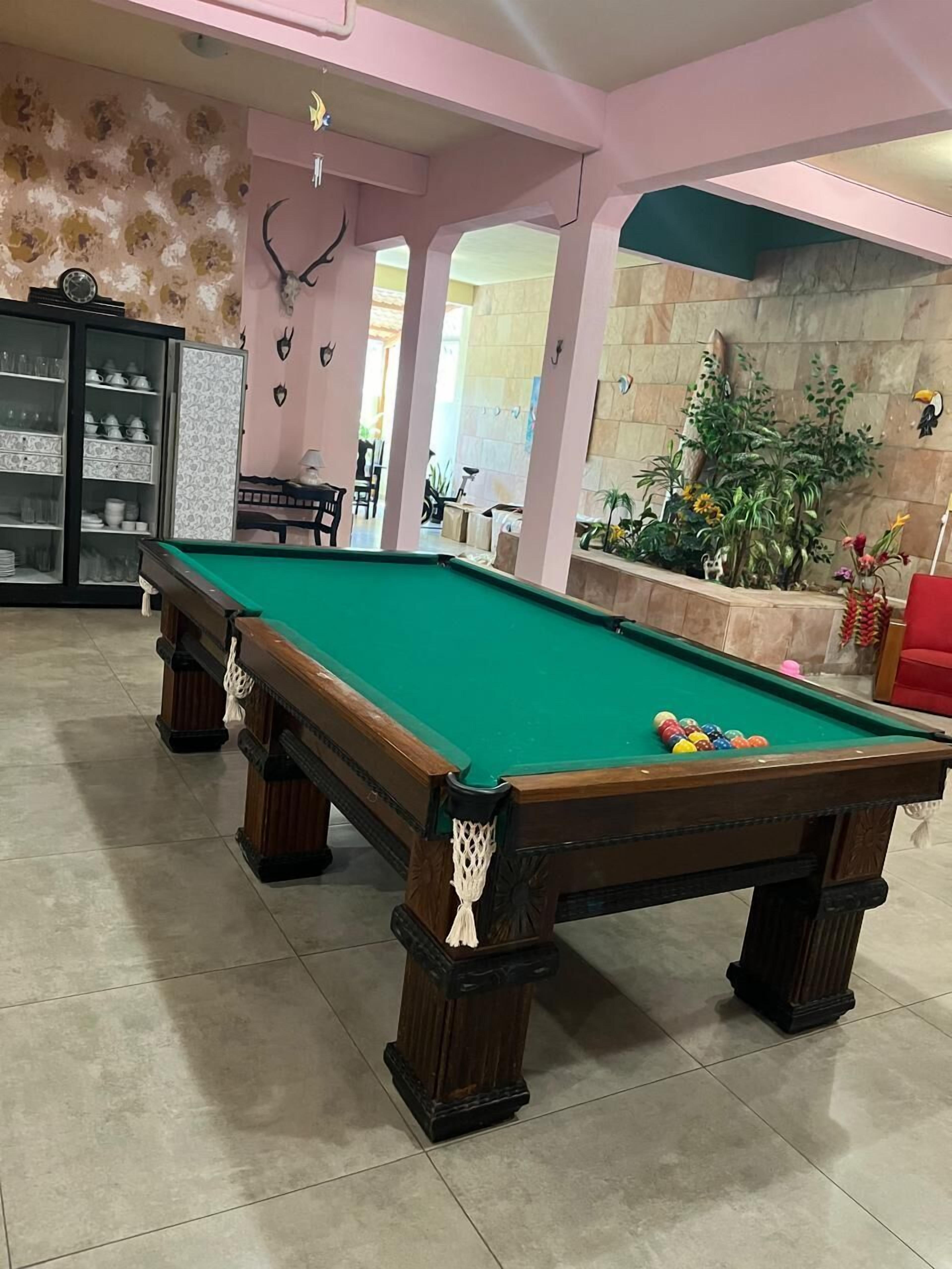 A pool table in a room with a tiled floor, a bookshelf with various items, and a decorative wall with antlers and plants.