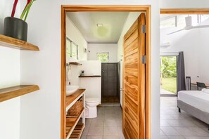 Shower, towels, soap, toilet paper