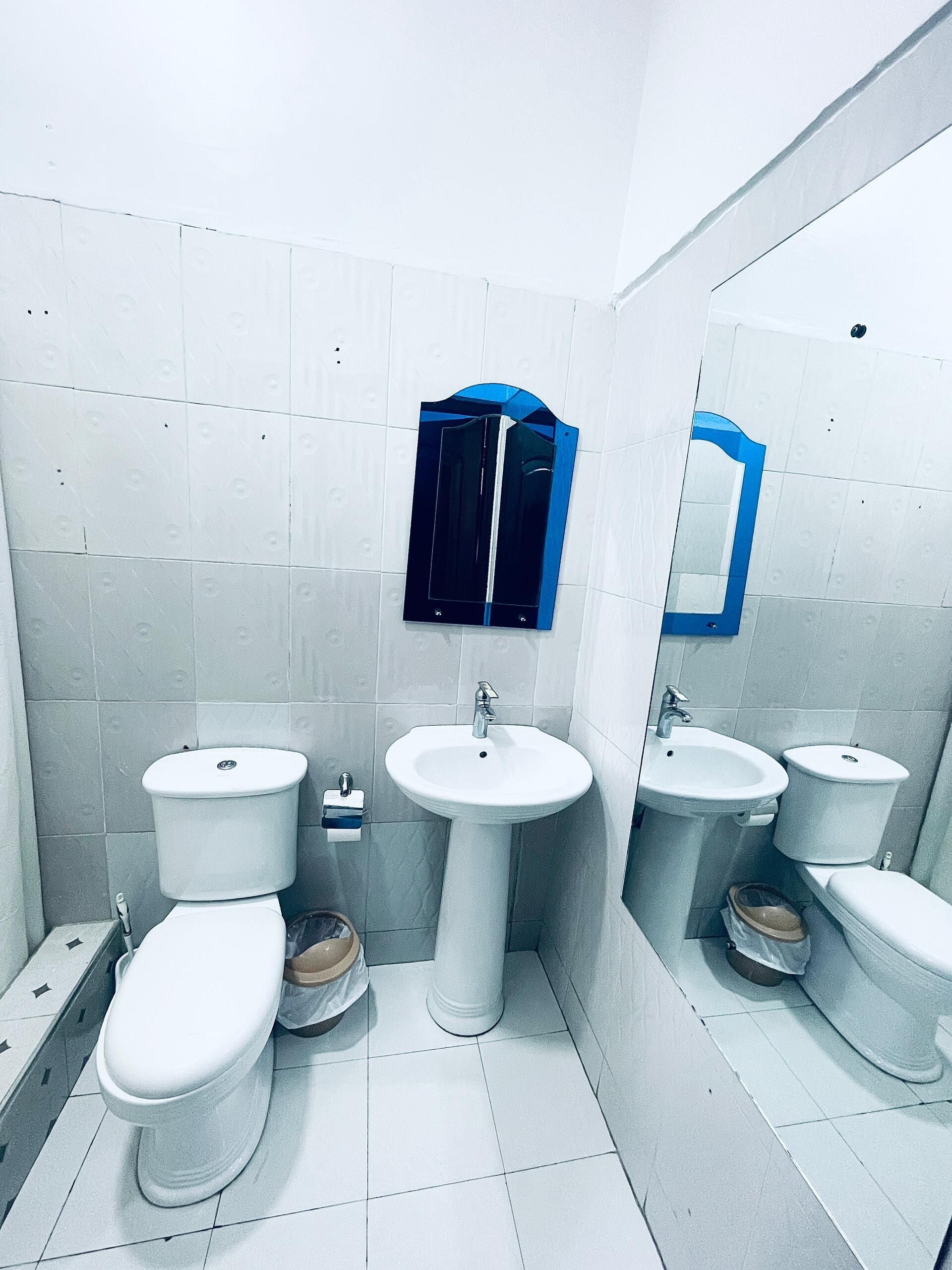 A bathroom with a toilet, sink, and mirror.