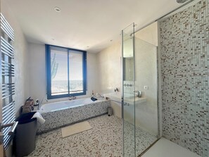 Shower, hair dryer, towels