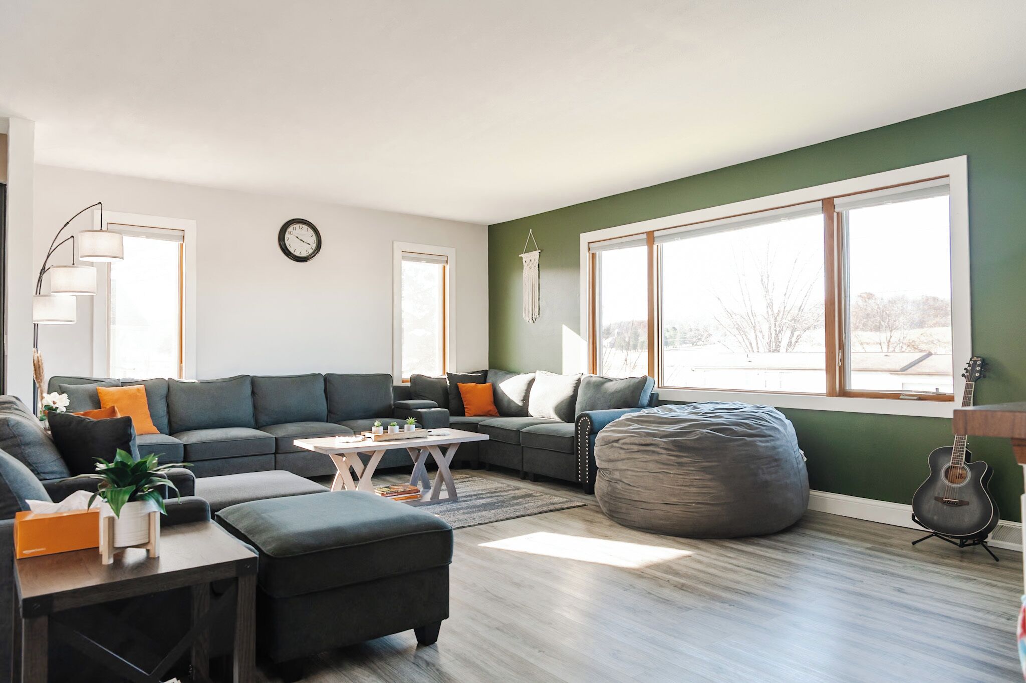 Smart TV, fireplace, books, video library