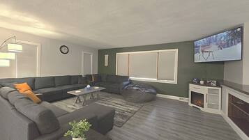 Smart TV, fireplace, books, video library