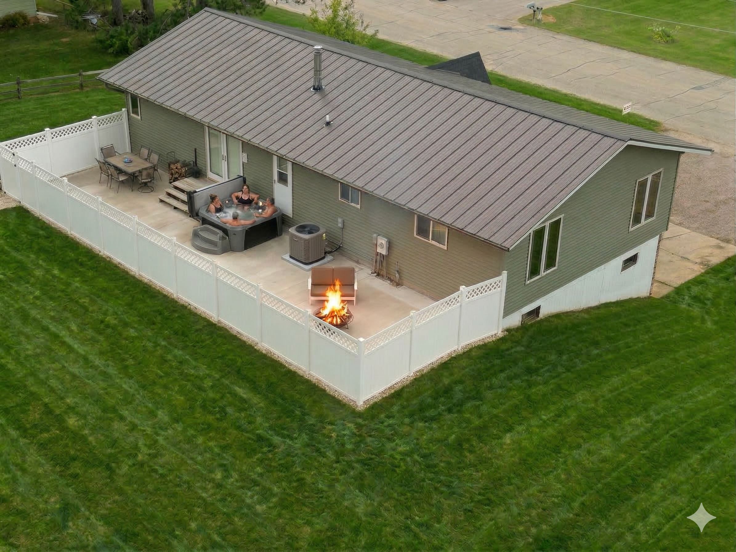 Une maison à deux étages dotée d’un patio couvert, d’un espace salon extérieur et d’un foyer.
