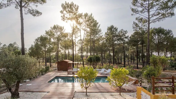 A wooden deck with a pool, surrounded by trees and a small wooden structure. - 31-Basement apartment - Villa Natura Bliss (Alcácer do Sal)