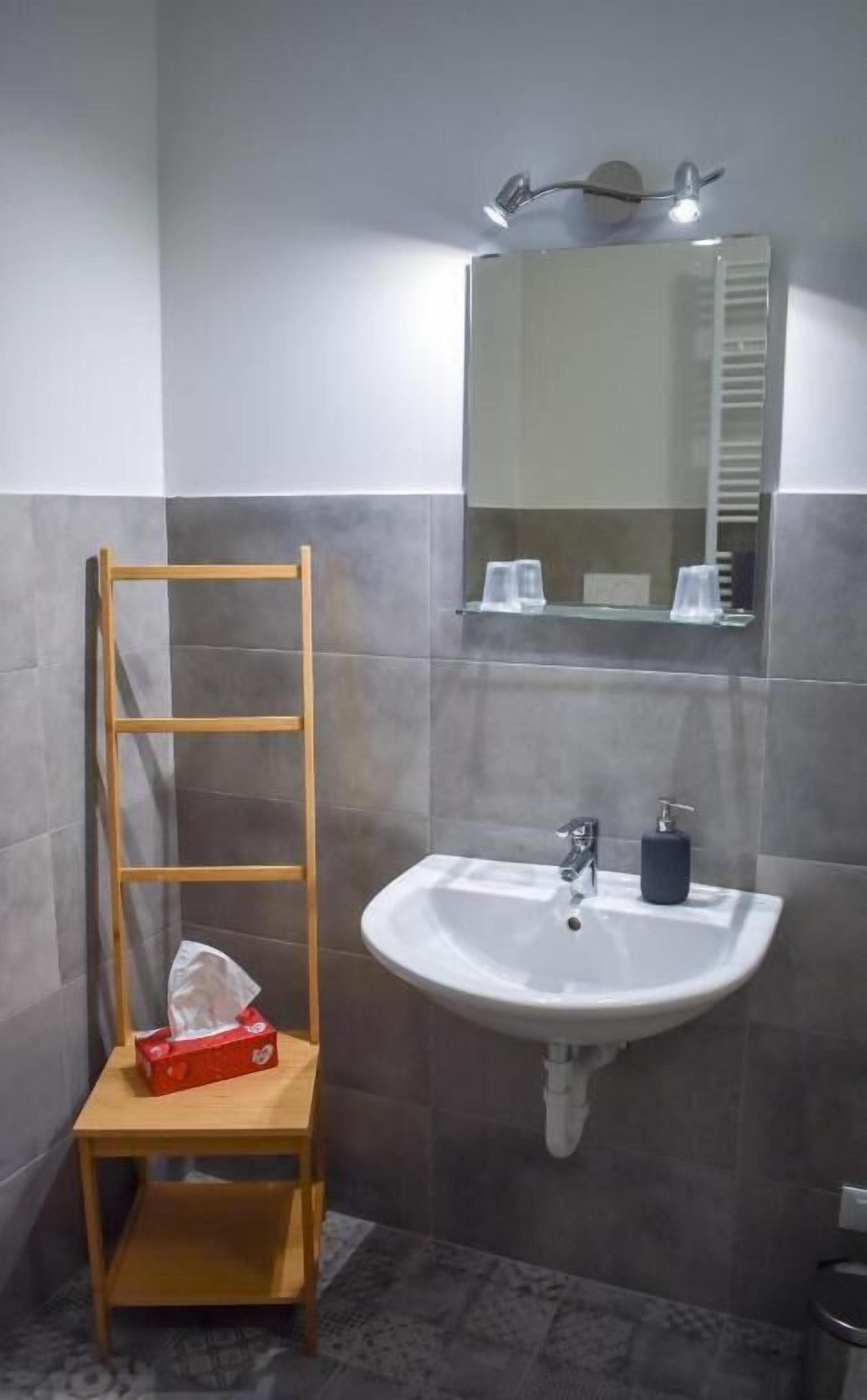 Un baño con un estante de madera que sostiene una caja de pañuelos, un lavabo blanco con dispensador de jabón y un espejo sobre el lavabo.