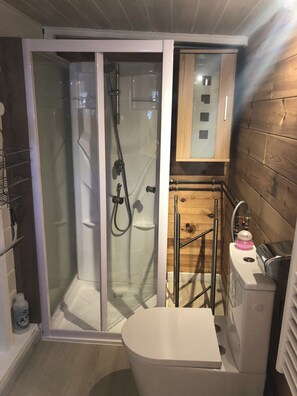Hair dryer, towels, soap, toilet paper