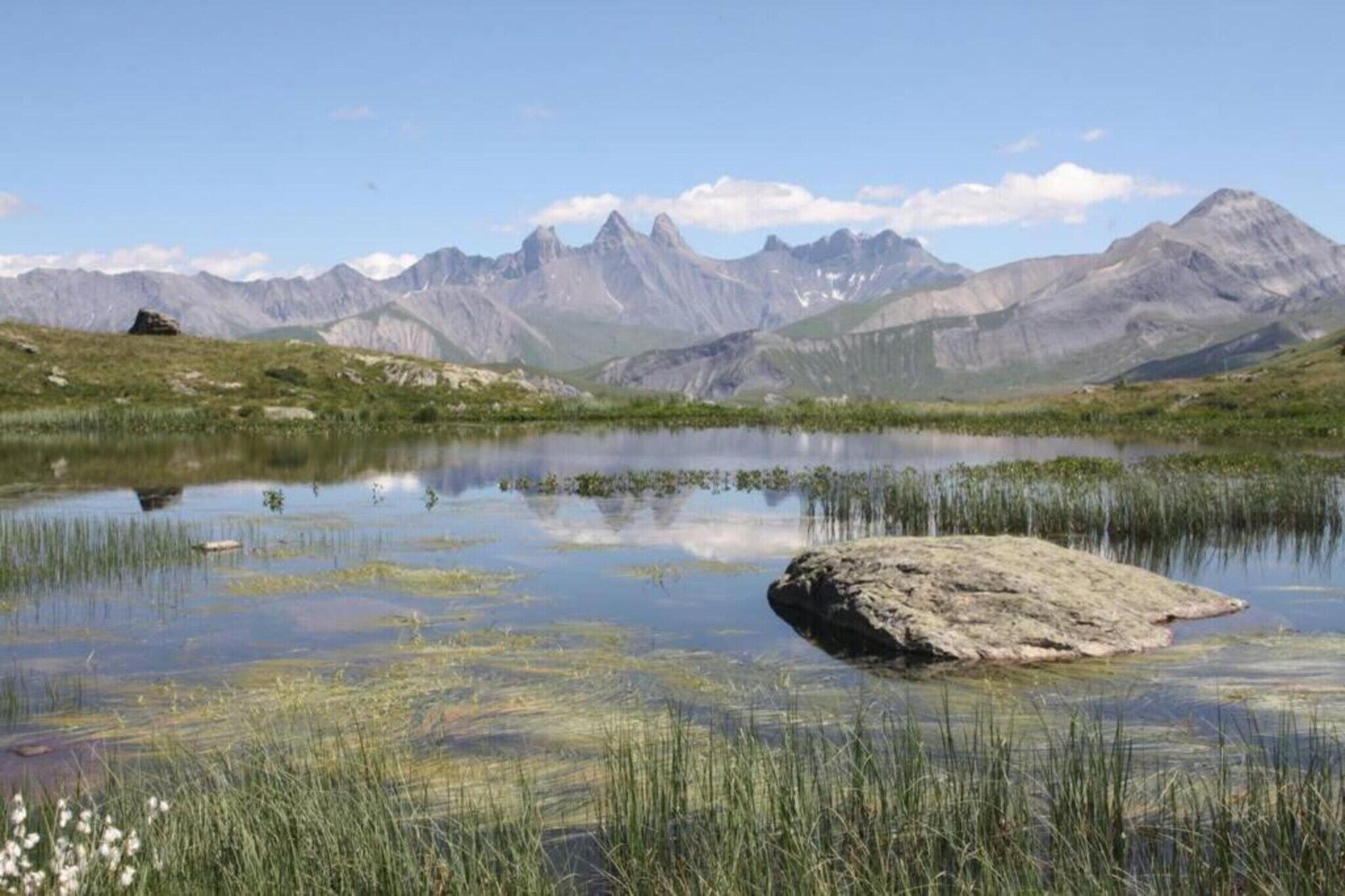 Un paysage naturel comprenant un lac, des prairies et des montagnes en arrière-plan.