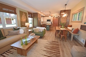 Smart TV, fireplace, books, stereo