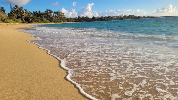 Una playa con agua cristalina, una orilla arenosa y una costa distante con edificios.