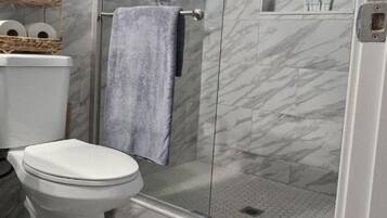 Shower, towels, toilet paper