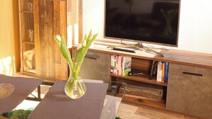 Una sala de estar con un aparador de madera, un televisor de pantalla plana, una estantería y un tapete verde.