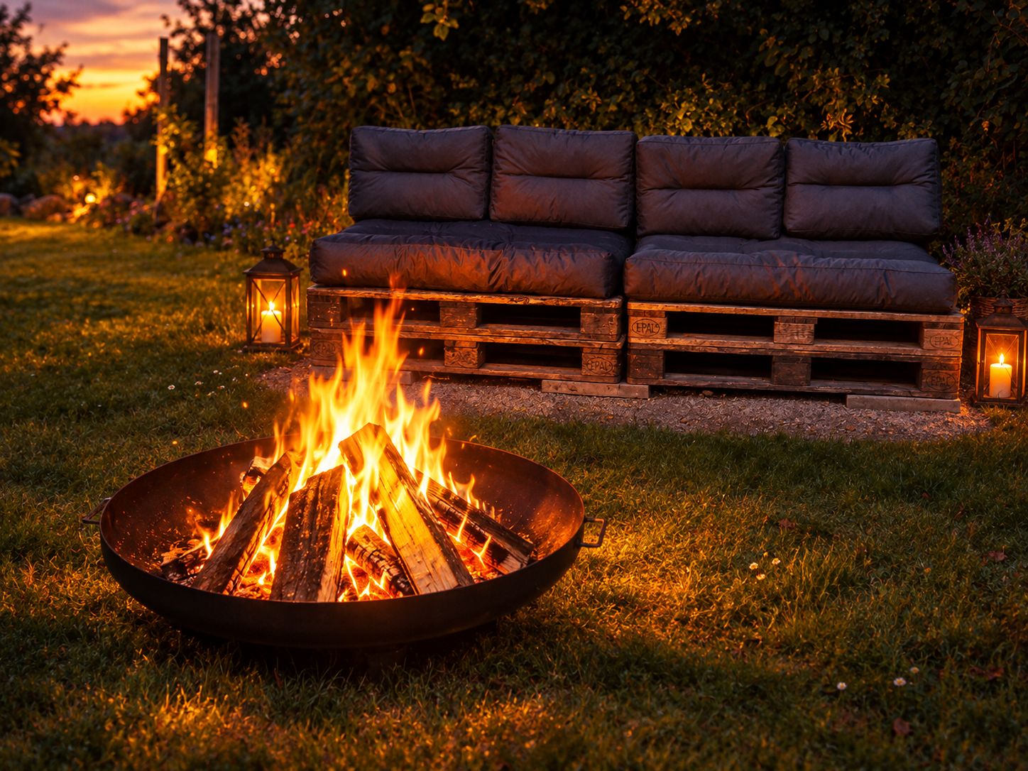 A fire pit with logs, a wooden bench with cushions, and two lanterns.