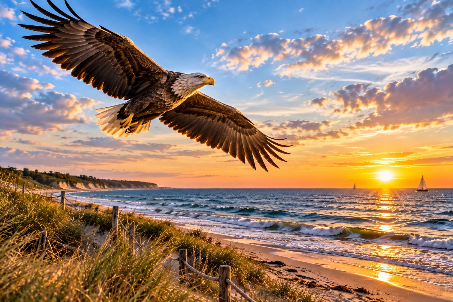 Un oiseau en vol au-dessus d’une plage, avec le soleil couchant en arrière-plan.