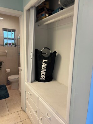 Hair dryer, towels, soap, toilet paper