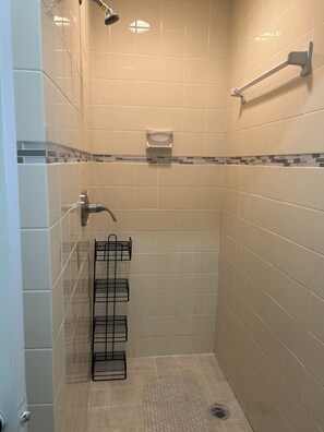 Hair dryer, towels, soap, toilet paper