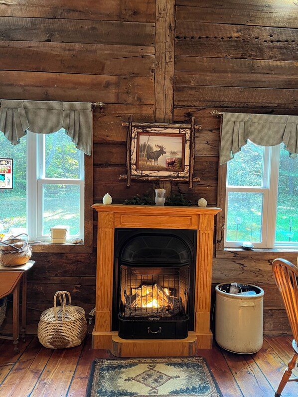 A cozy cabin interior with a fireplace, wooden walls, and two windows with checkered curtains.
