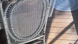 Une terrasse couverte, aménagée avec des meubles en osier, une petite table et offrant une vue sur une forêt et un plan d’eau.