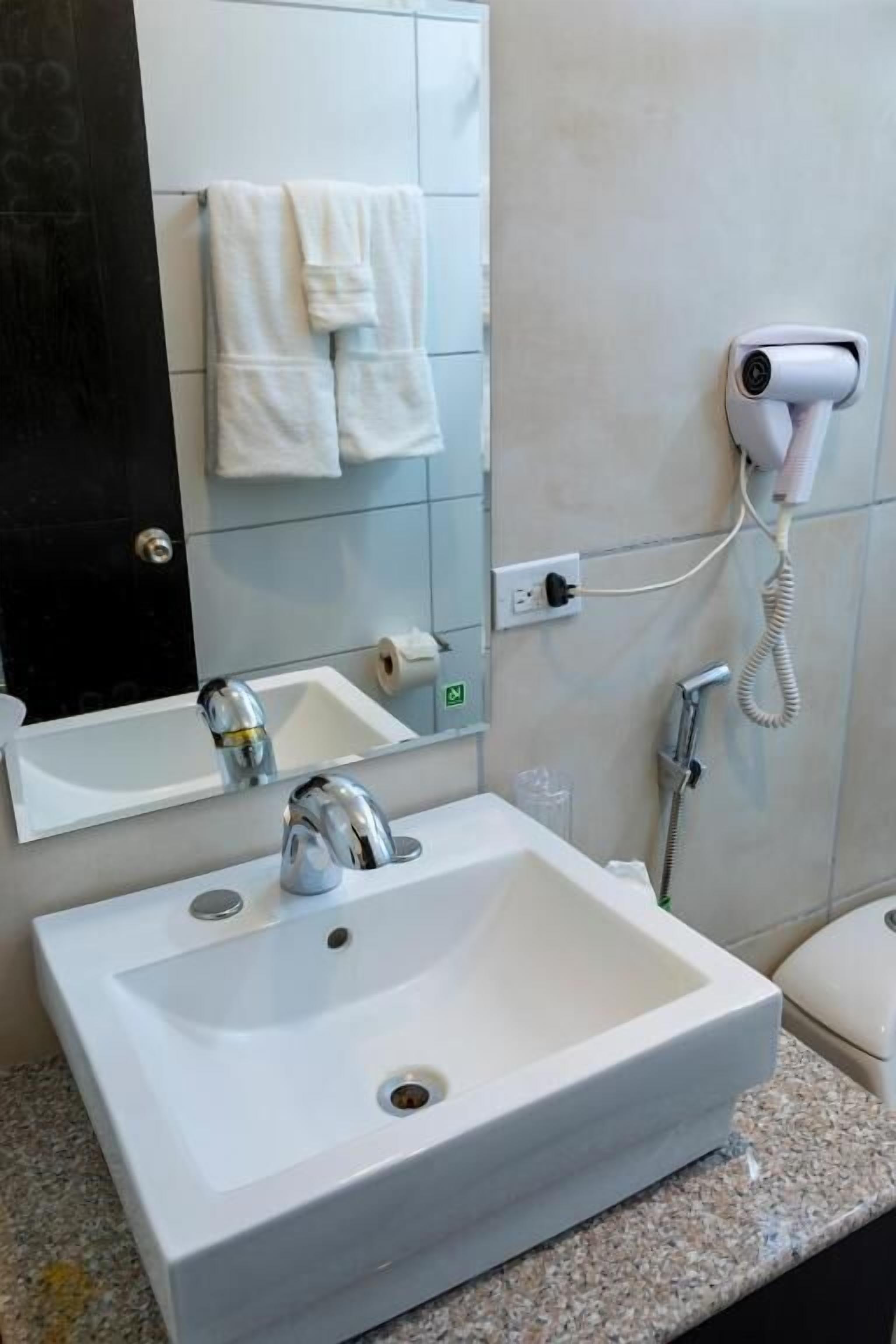 A bathroom with a white sink, a mirror, a towel rack, a hairdryer, and a toilet.