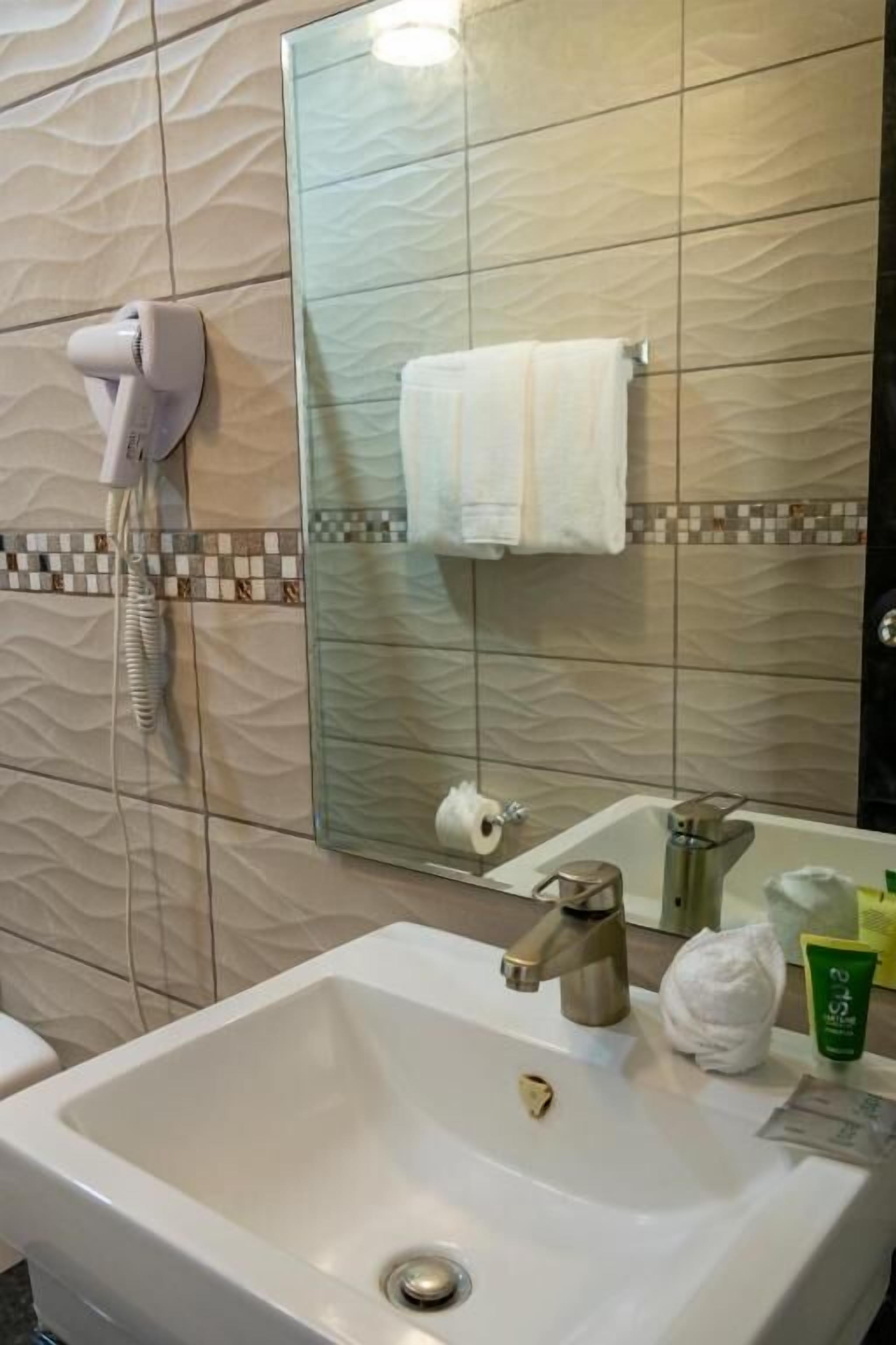 A bathroom with a white sink, a mirror, a towel rack, and a hairdryer.