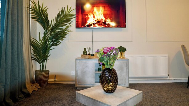 A living room with a flat-screen TV mounted on the wall, a potted plant, a decorative vase with flowers, and a small console table with a radiator and a chair. - 1br, Balcony, Cityview, Office, Ws98 (London)