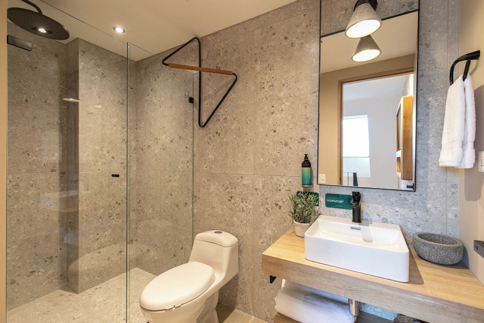 A modern bathroom with a glass-enclosed shower, a white toilet, a wooden vanity with a sink, and a large mirror.