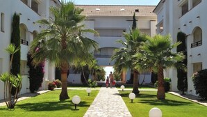 Un patio con un sendero central bordeado por palmeras y un edificio con varios balcones.
