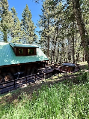 A cabin with a green roof, wooden deck, and a hot tub.