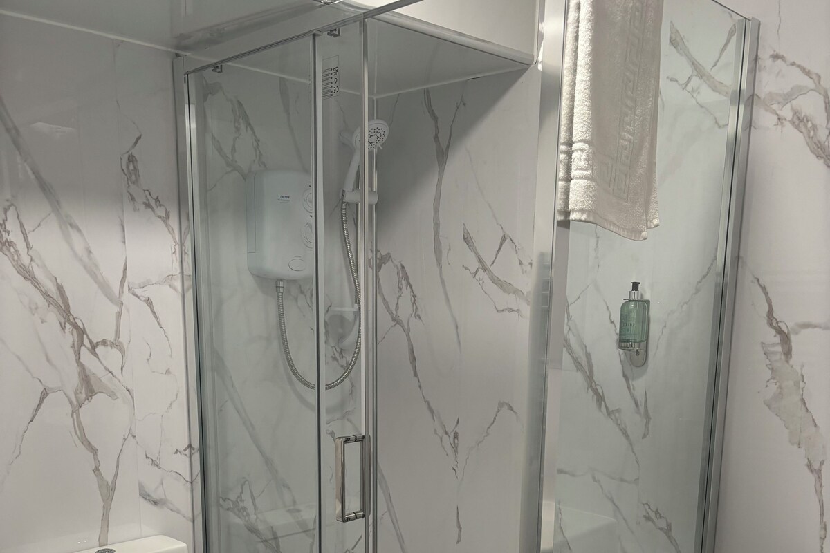 A modern bathroom with a glass-enclosed shower, a toilet, and a sink.