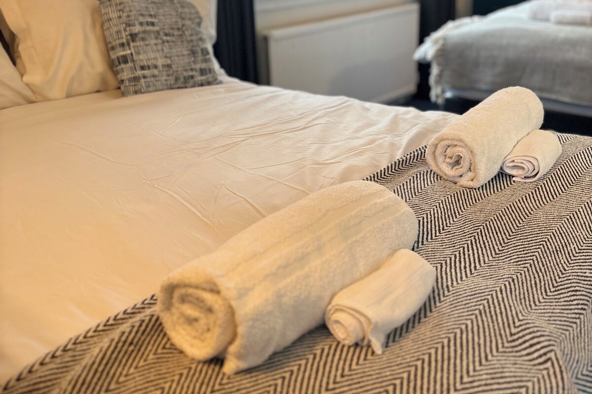 A hotel room with a neatly made bed, a patterned rug, and a view of the outside through a window.