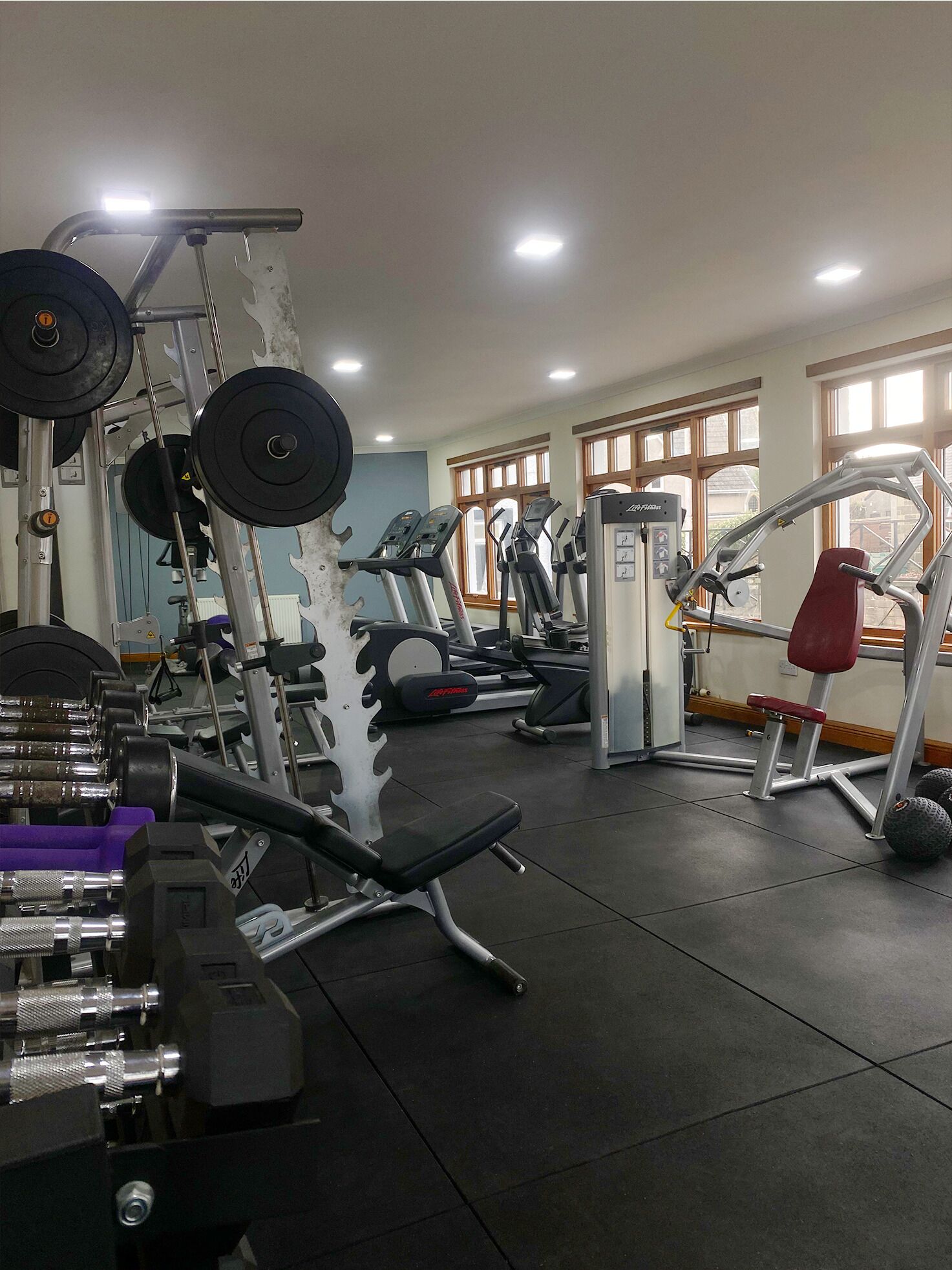 A gym with various exercise equipment including treadmills, weight machines, and free weights.