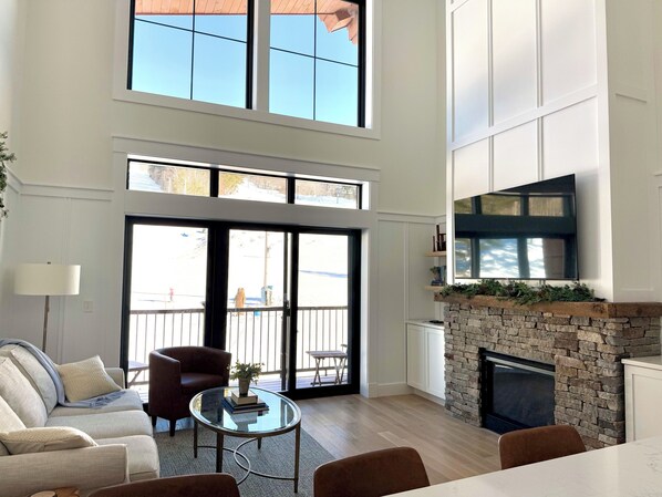 TV connectée, cheminée, lecteur de DVD, livres