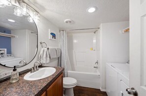 Hair dryer, towels, soap, toilet paper