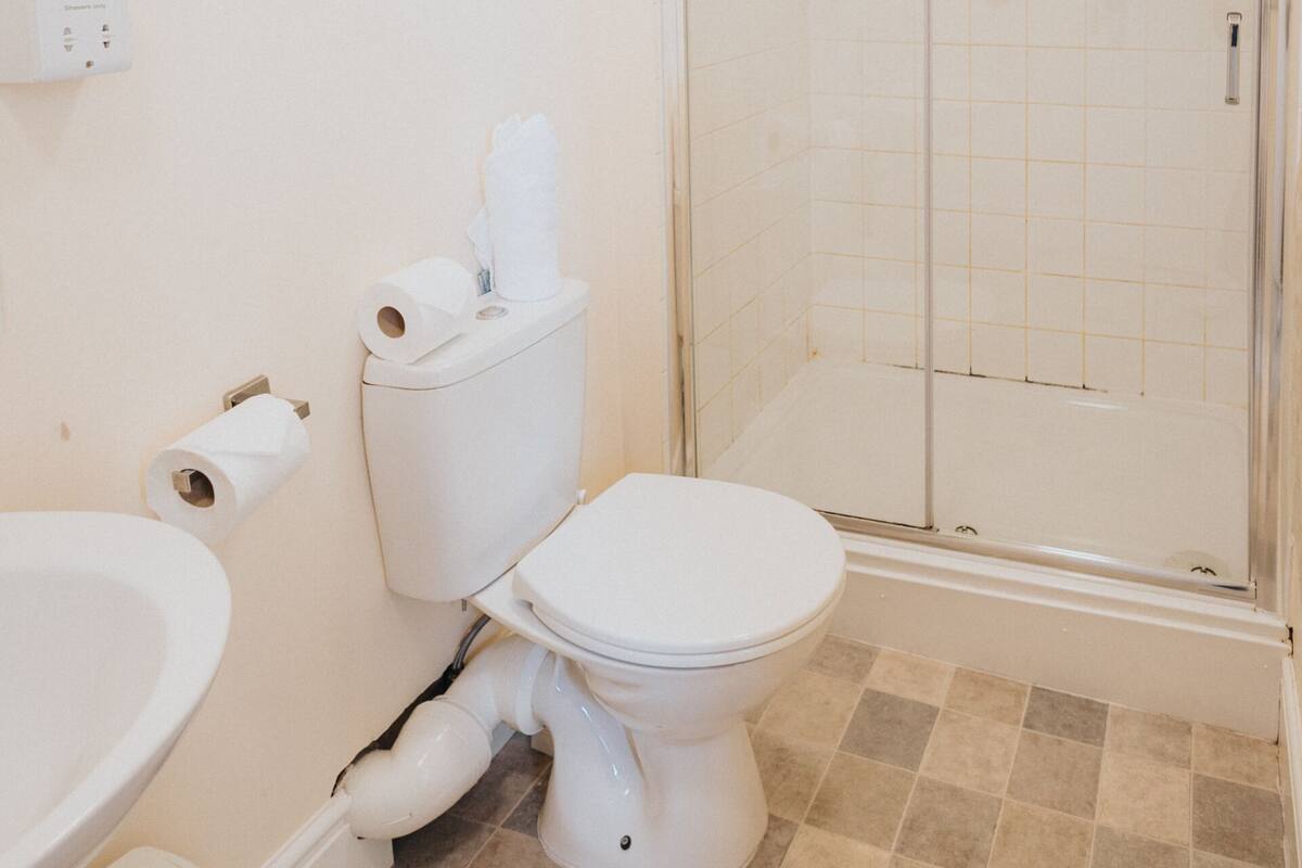 A bathroom with a toilet, bidet, and shower stall.