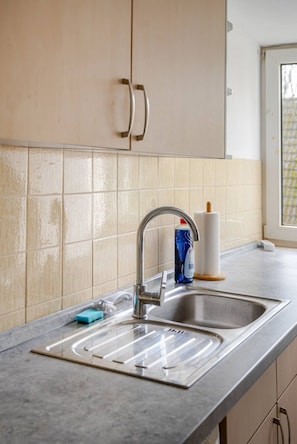 Fridge, oven, stovetop, electric kettle