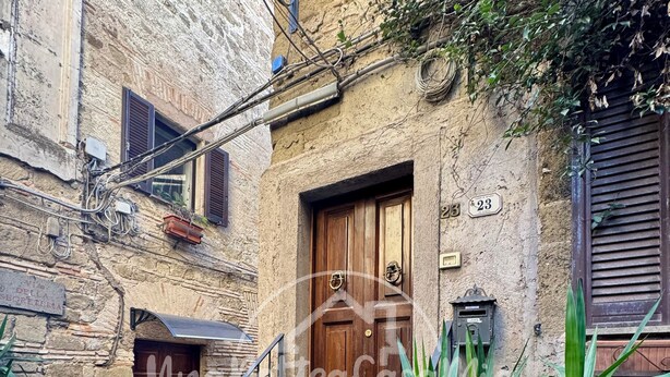 A stone building with a wooden door, a staircase leading to the entrance, and potted plants. - La Scalinatella "UnaNotteaCasaMia" (SACROFANO)