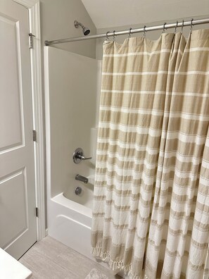 Hair dryer, towels, soap, toilet paper