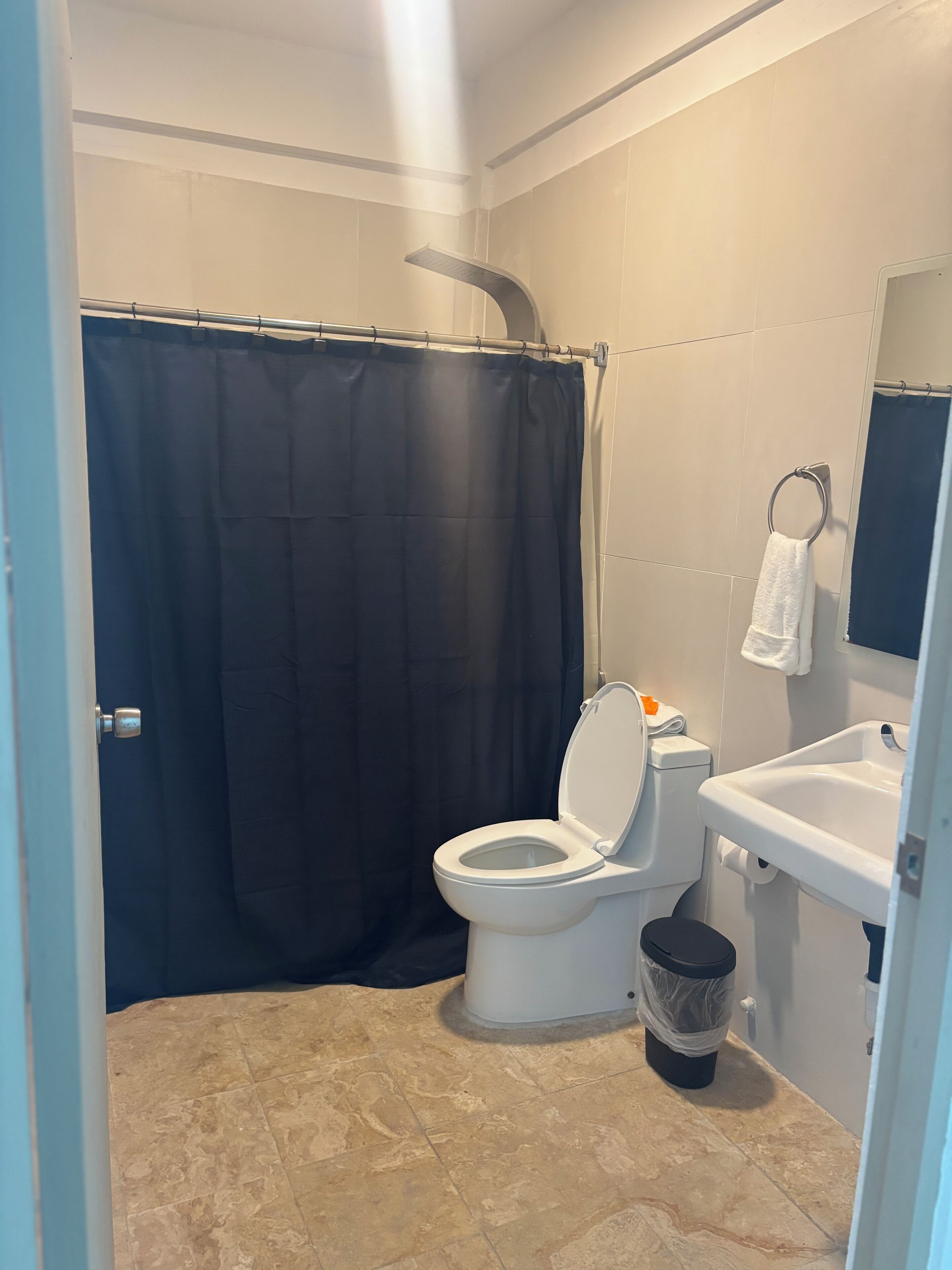 Une salle de bain avec des toilettes, un lavabo et un rideau de douche.