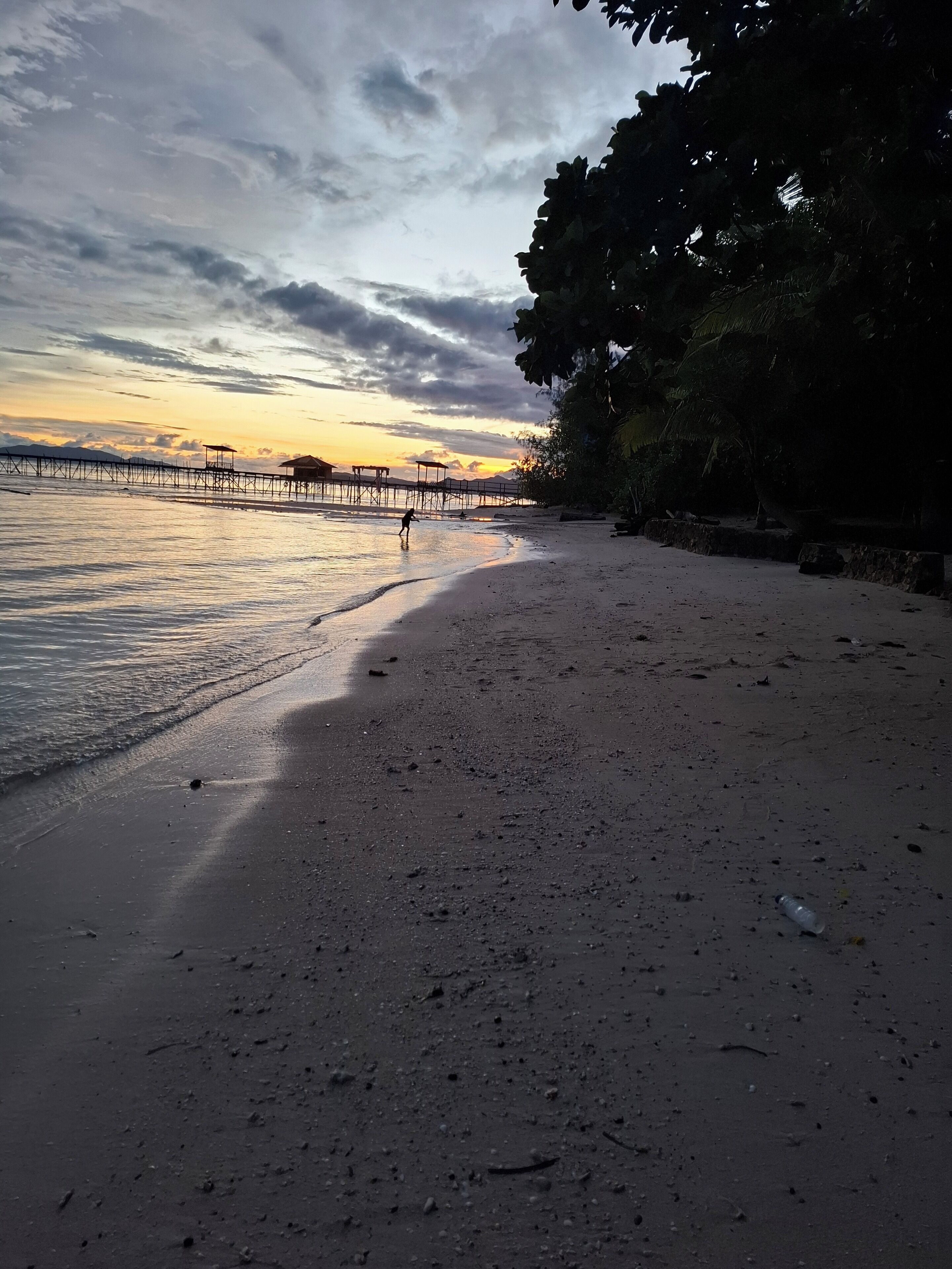 Una playa con un muelle que se adentra en el agua, un niño jugando y un cielo despejado.
