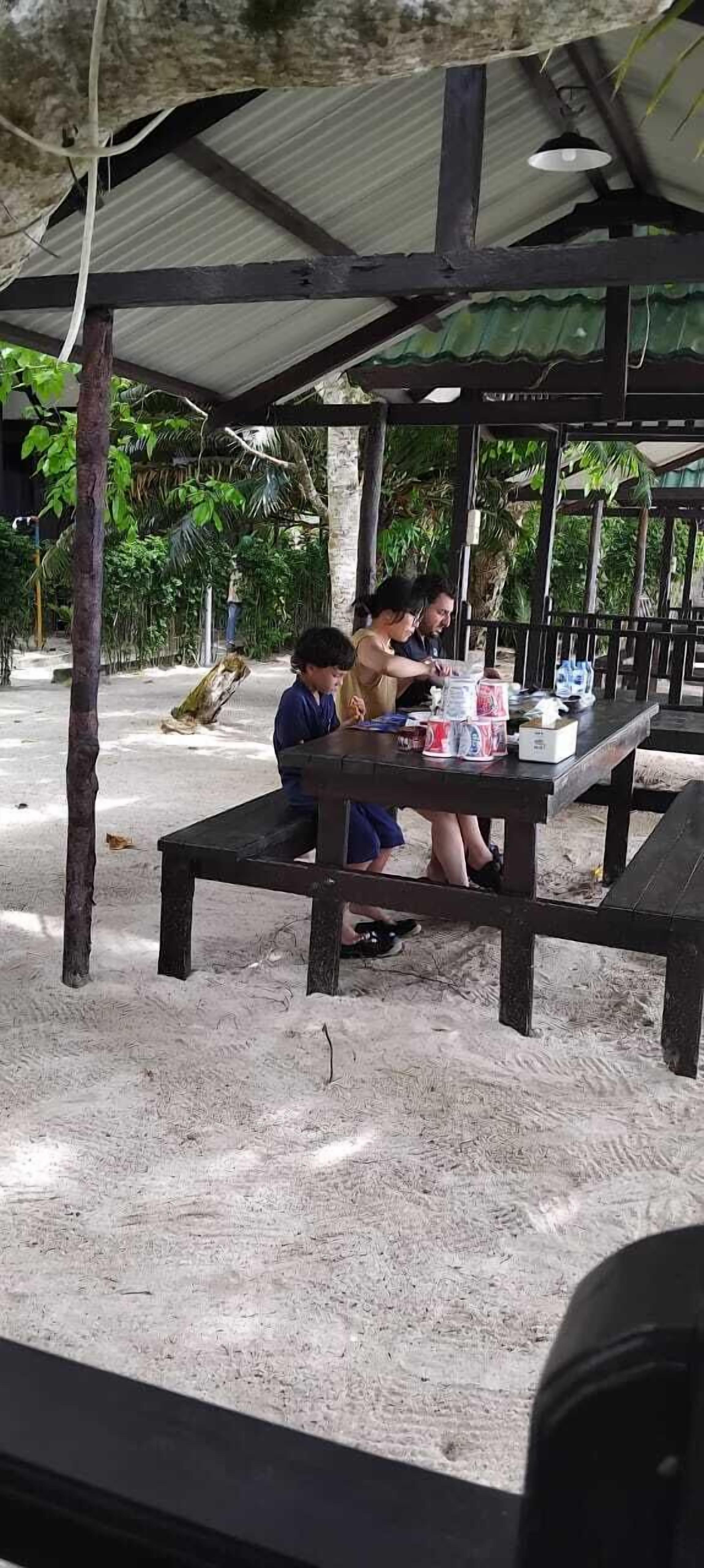 Privat strand, vit sandstrand, solstolar och snorkling