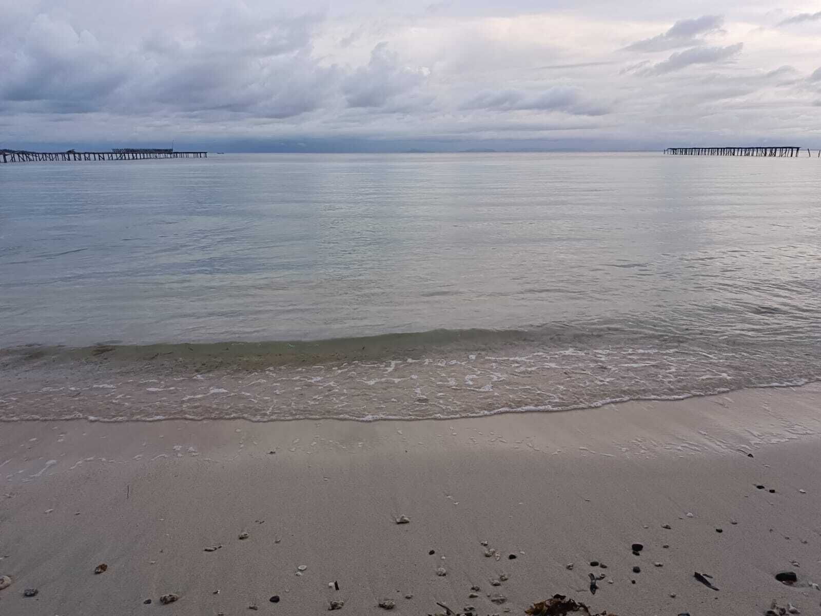 Een strand met een houten steiger die zich uitstrekt over kalm water.