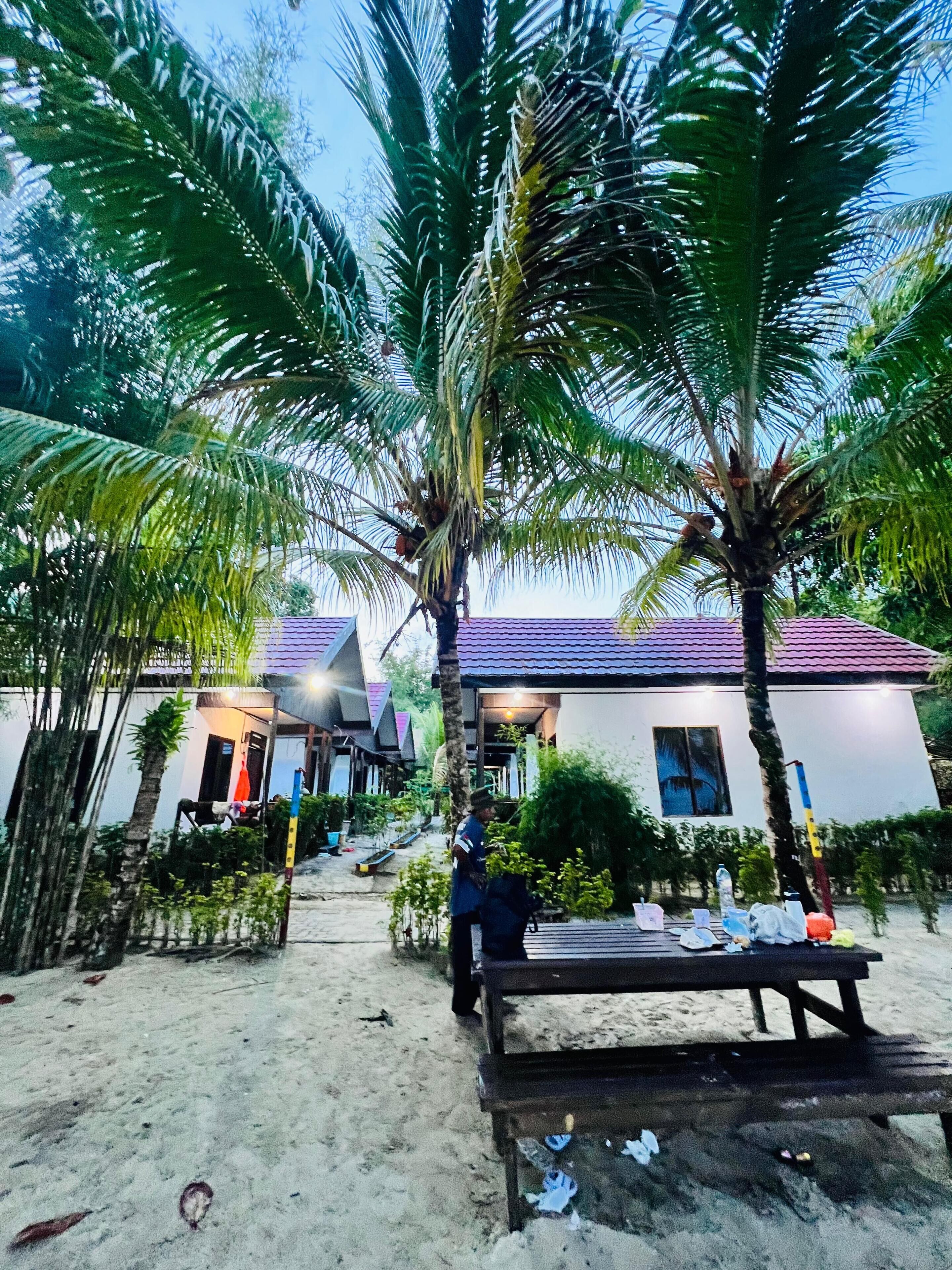 A beachside property with a wooden deck, palm trees, and a building with a red-tiled roof.