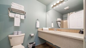Un baño con inodoro, lavamanos, espejo, toallero y cubo de basura.
