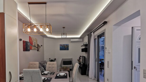 A modern dining area with a long table, chairs, and pendant lighting. There is a television and a plant on a side table.