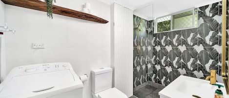 Shower, hair dryer, shampoo