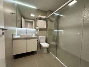 Hair dryer, towels, soap, toilet paper