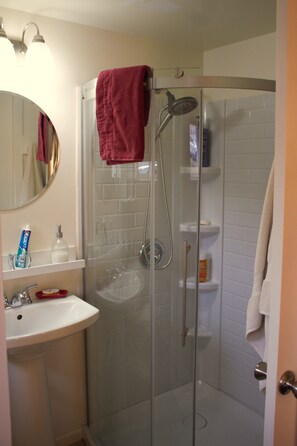 Ducha, secador de pelo, toallas y jabón