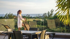 Una persona de pie junto a una barandilla de vidrio con vista a un paisaje marino y vegetación.