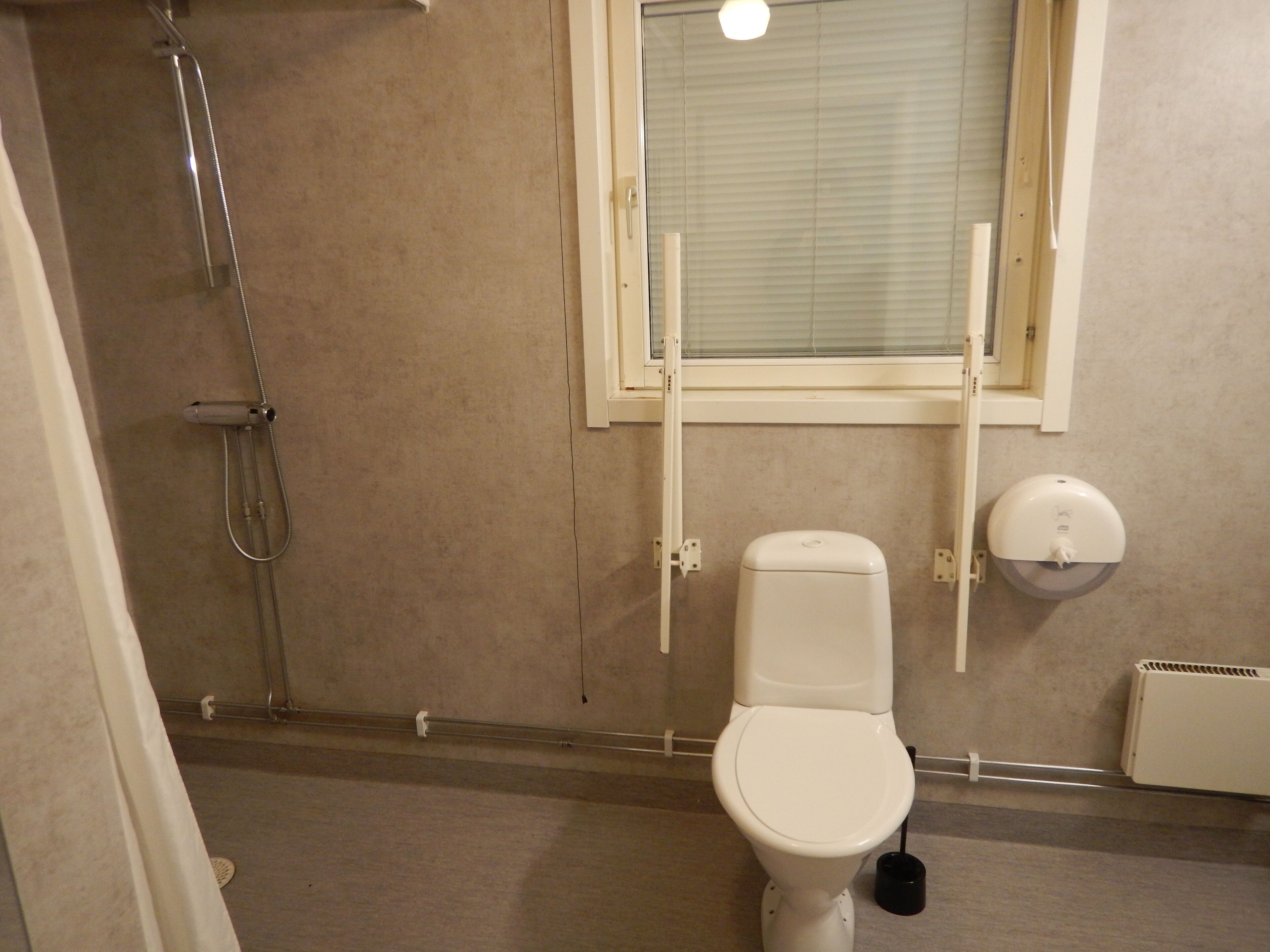 A bathroom with a toilet, a shower, and a window.