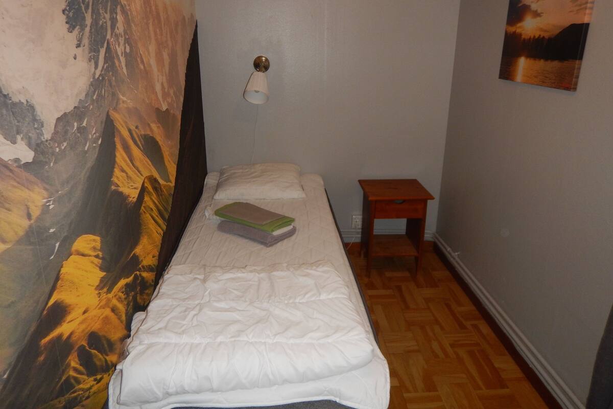 Quarto pequeno com uma cama de solteiro, pintura de montanhas na parede, mesa de cabeceira e luminária.