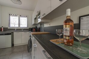 Fridge, microwave, dishwasher, high chair